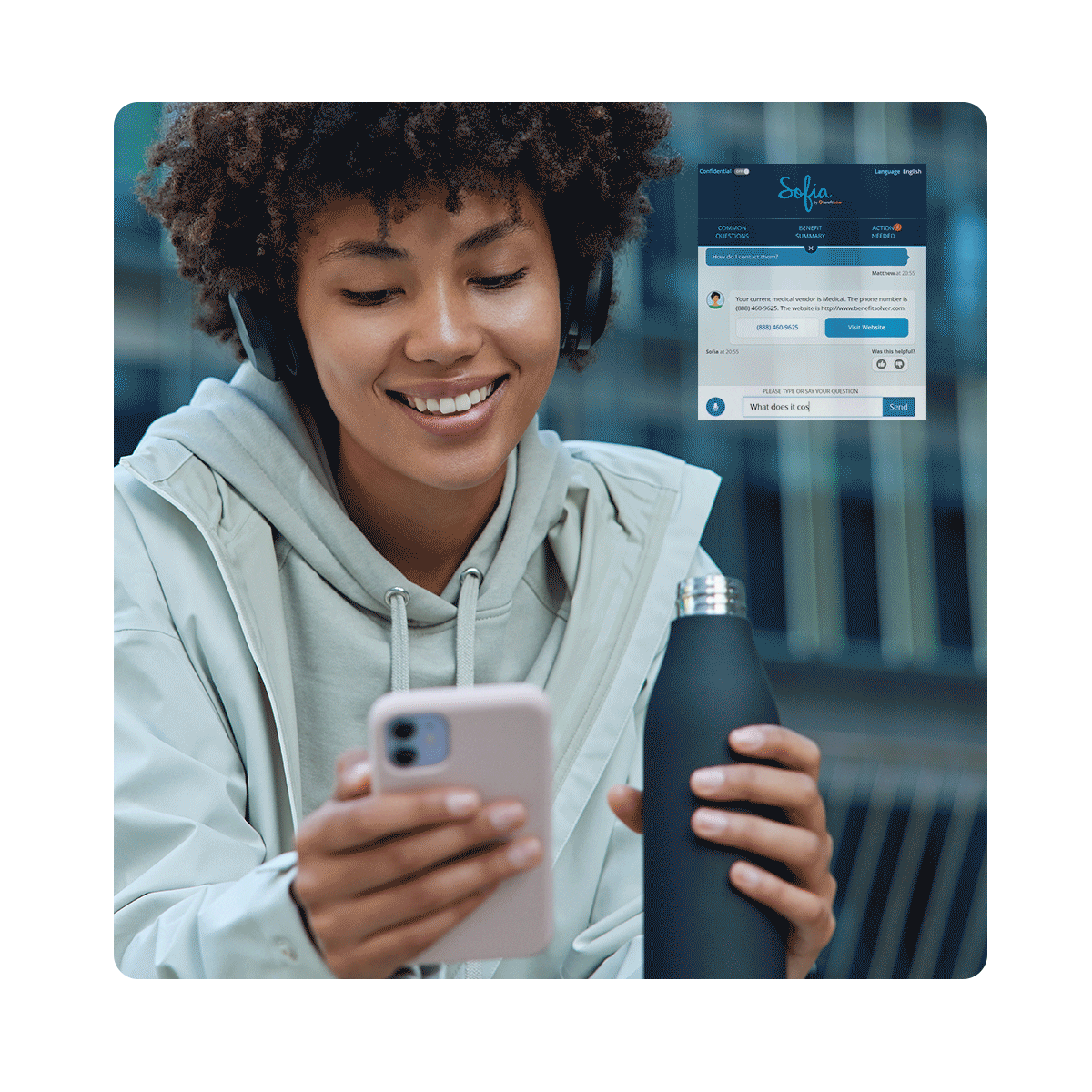 Woman using the chat feature from her cell phone.