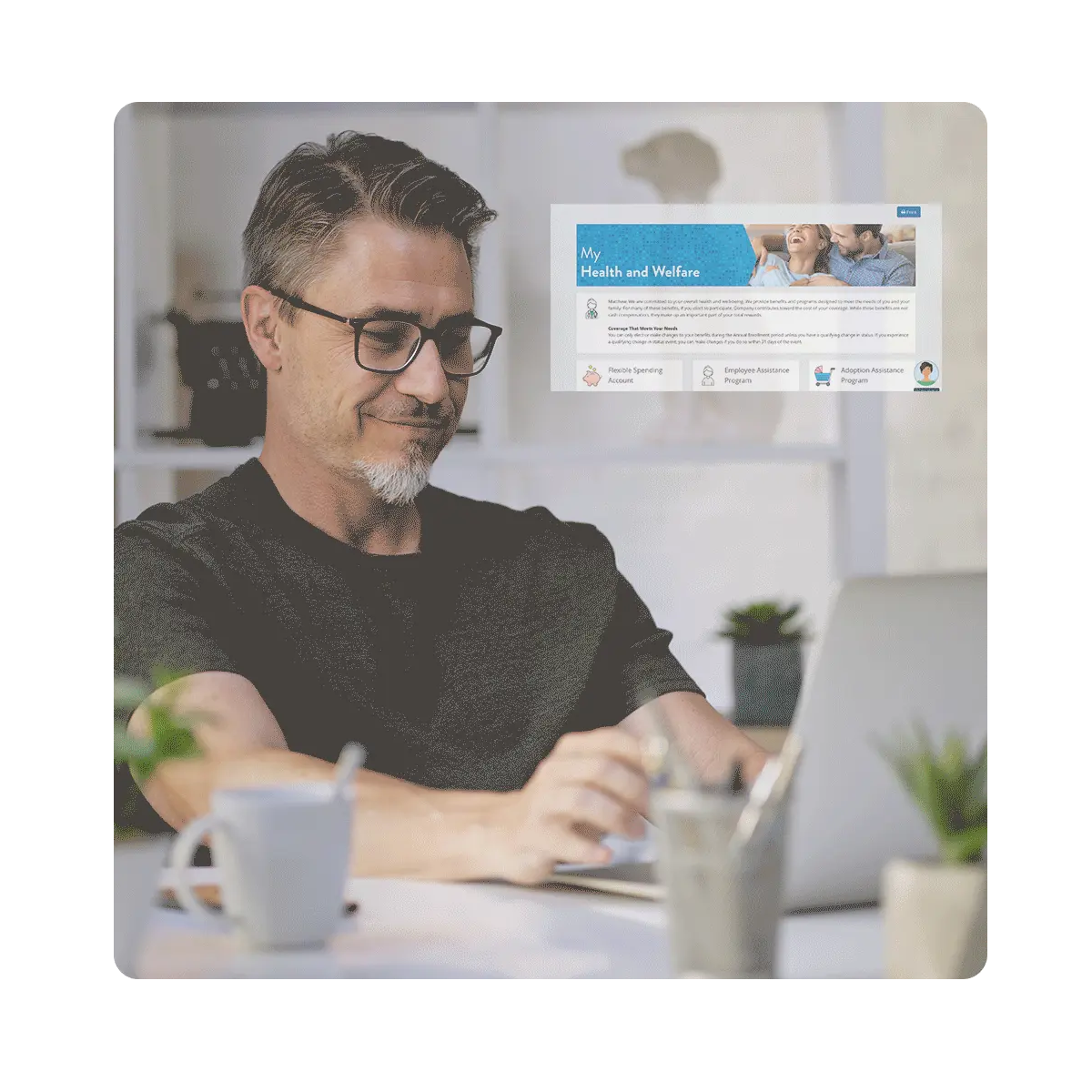 Man using his laptop reviewing the Businessolver website.
