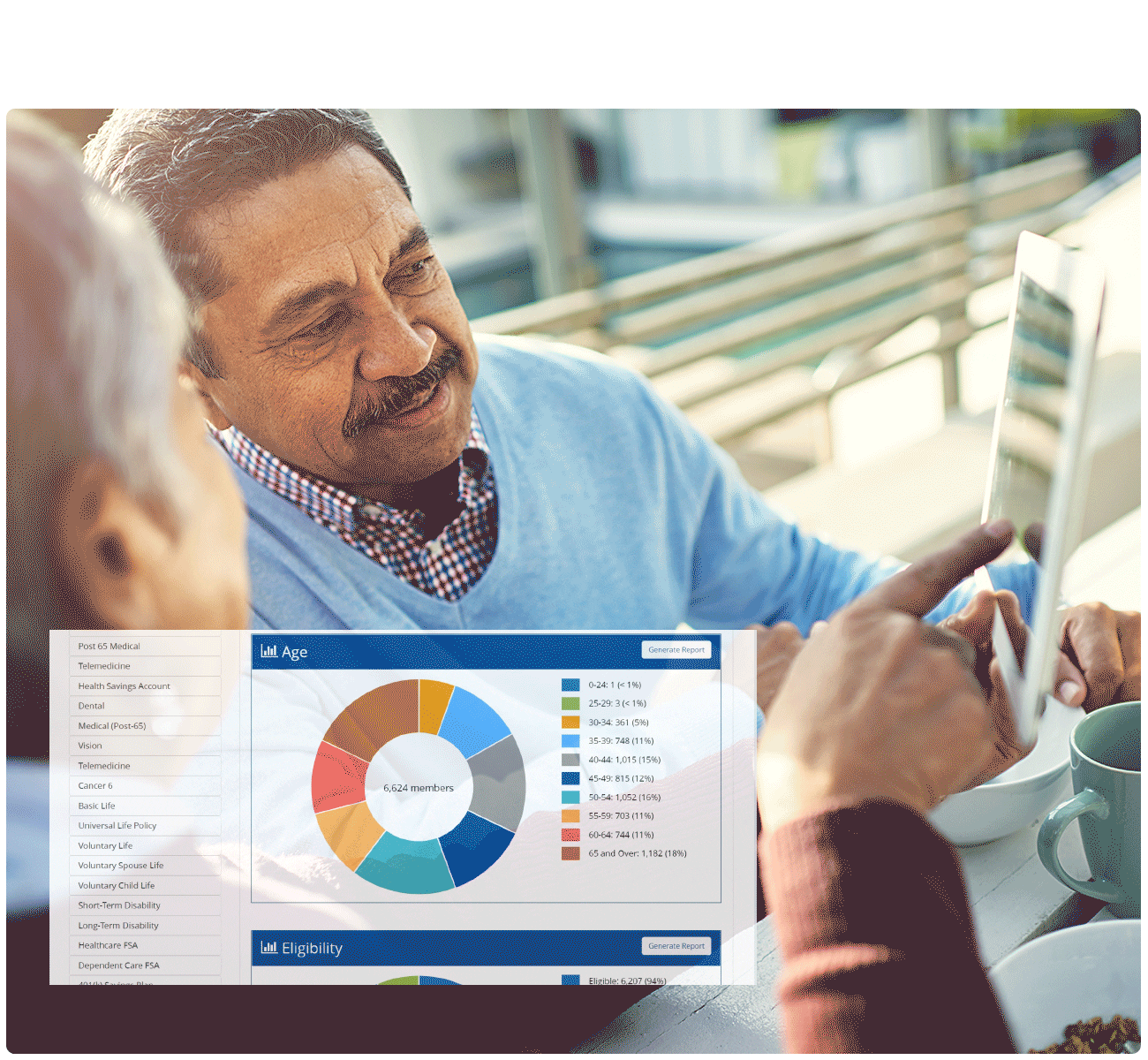 People looking at a tablet with pie charts on the screen