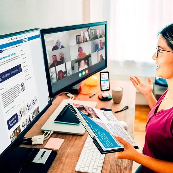 Woman talking in a video meeting