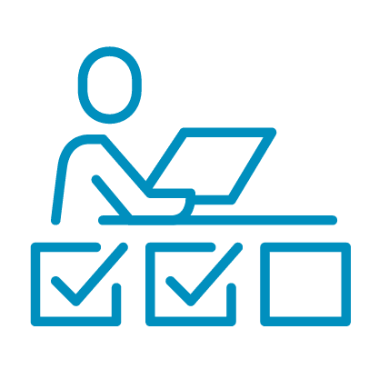 Icon image of person working on a computer with checked boxes underneath them.
