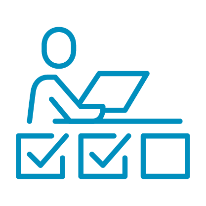 Icon image of someone sitting at their desk using a computer with boxes checked underneath.
