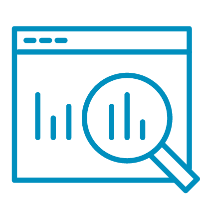 Icon image of magnifying glass on a computer screen.